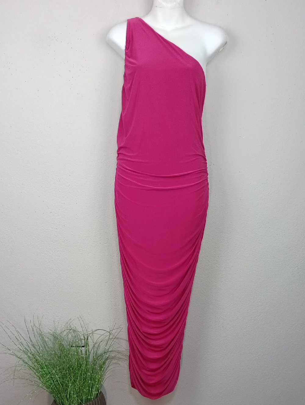 Lux La One-Shoulder Ruched Pink Magenta Bodycon Formal Maxi Dress sz 1X